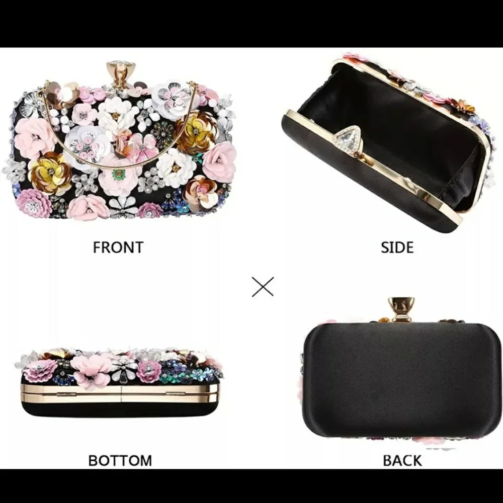 Women's Evening Bag Flower Party Prom Clutch Purse Floral Bride Black Handbag